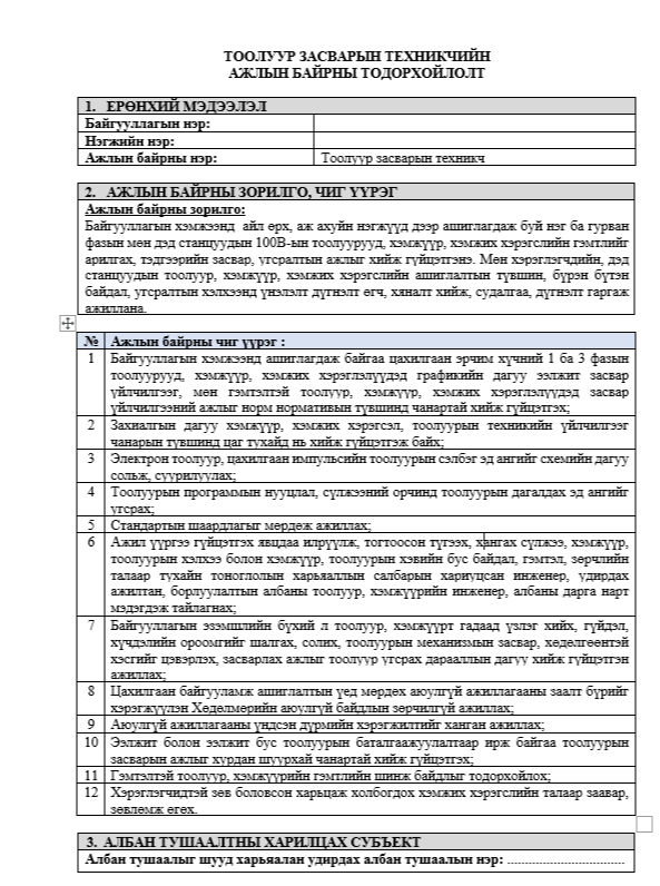 ТООЛУУР ЗАСВАРЫН ТЕХНИКЧИЙН АЖЛЫН БАЙРНЫ ТОДОРХОЙЛОЛТ